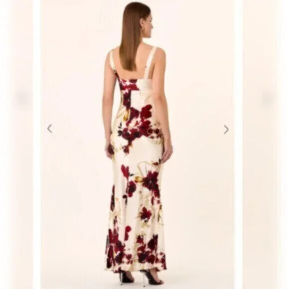 NWT NICHOLAS Sally Watercolor Floral Ivory Cowl Neck Side Slit Maxi Dress - Picture 3 of 17